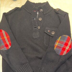 Tommy Hilfiger Men's Black Knit Zip-Up Sweater with Red Plaid Elbow Patches